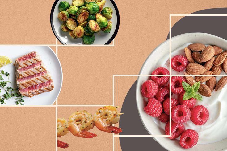 four different foods are arranged in squares to show the main ingredients for this meal, including broccoli, raspberries, and almonds