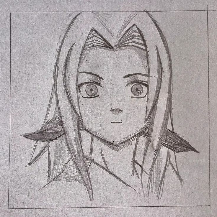 a pencil drawing of a girl with long hair and big eyes, looking straight ahead