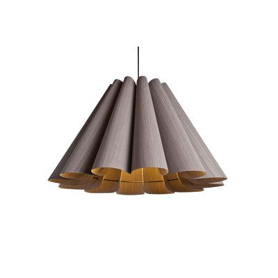 the light fixture is made out of wood and has three different shades of grey, yellow and