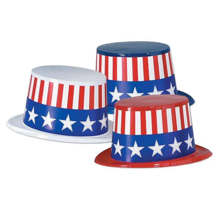 two red, white and blue patriotic hats with stars on the top one hat has an american flag band around it