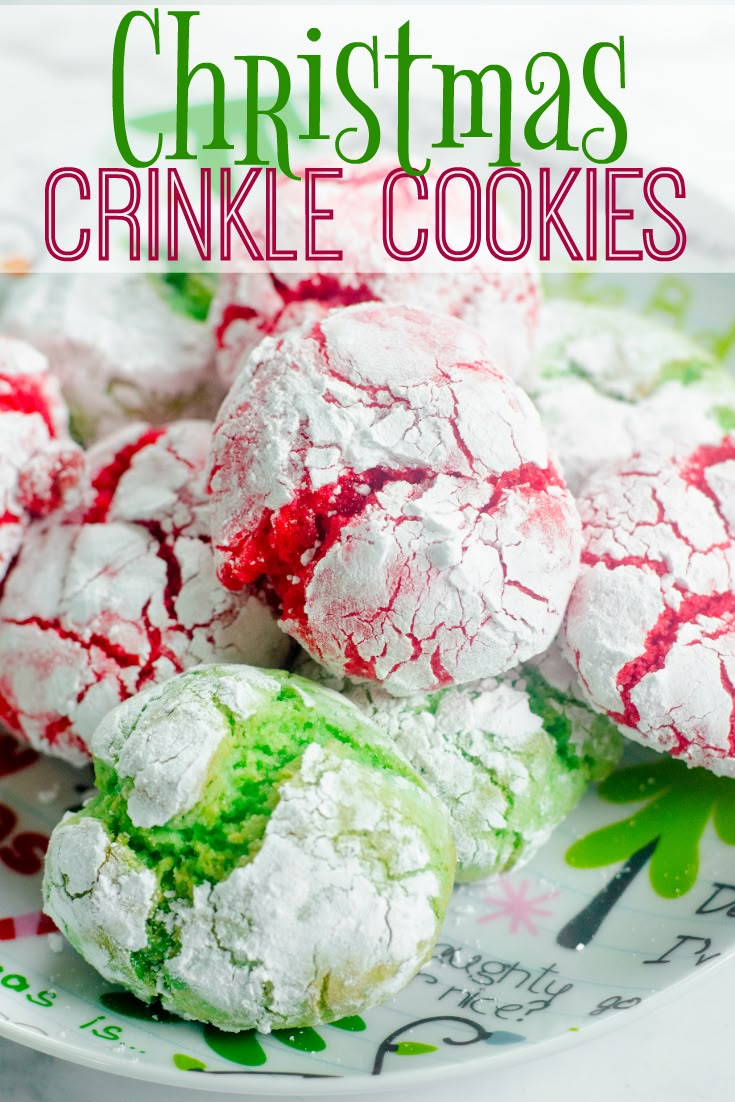 christmas crinkle cookies on a plate with green and red icing in the middle