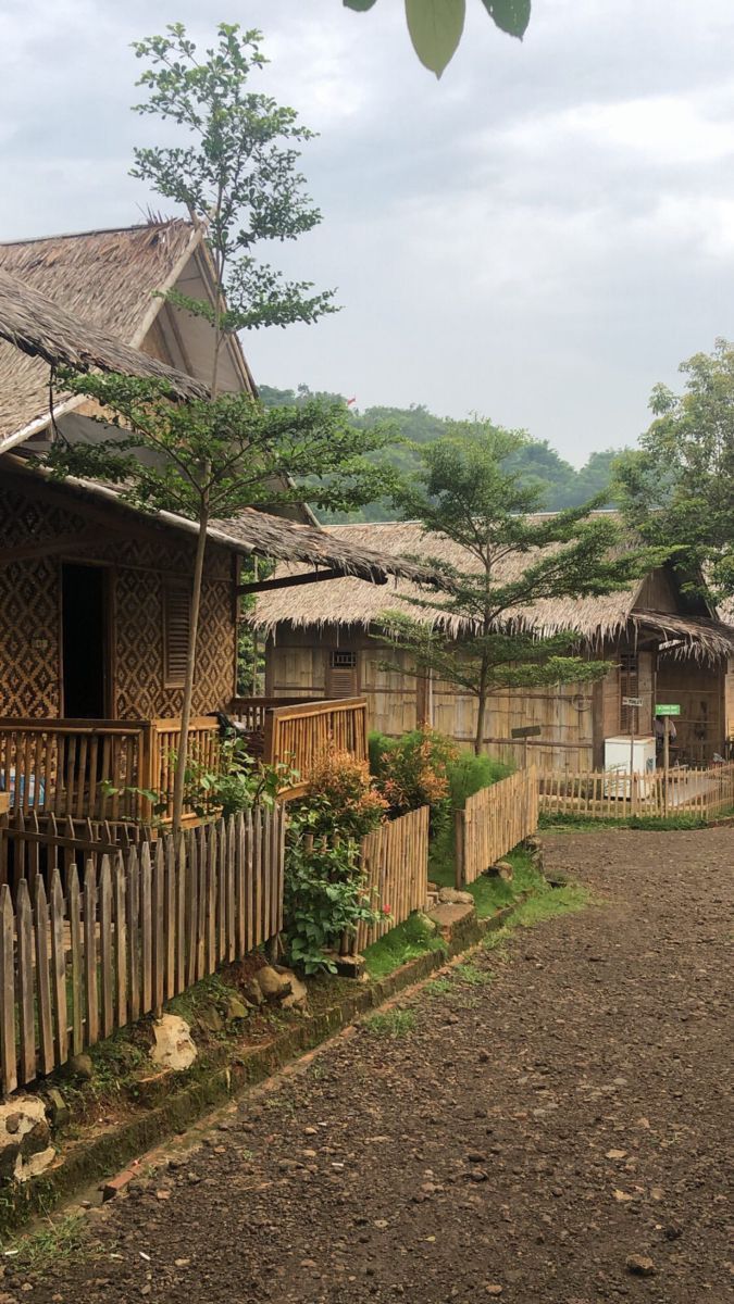 a dirt road next to houses and trees