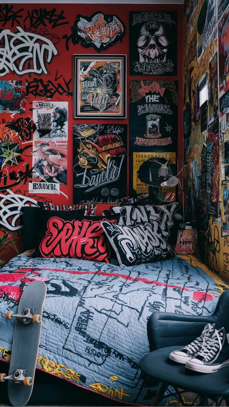 a skateboarder's bedroom with red walls and graffiti