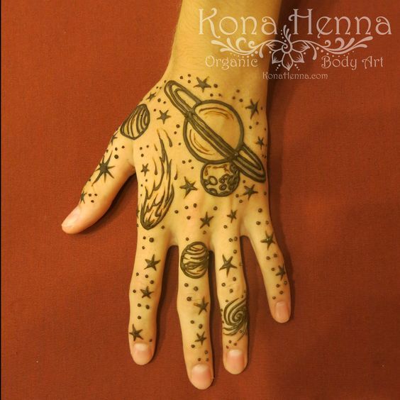 a person's hand with tattoos on it and stars around the wrist, in front of an orange background