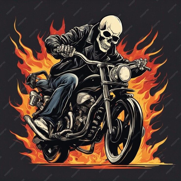 a man riding on the back of a motorcycle in front of a blazing fire background