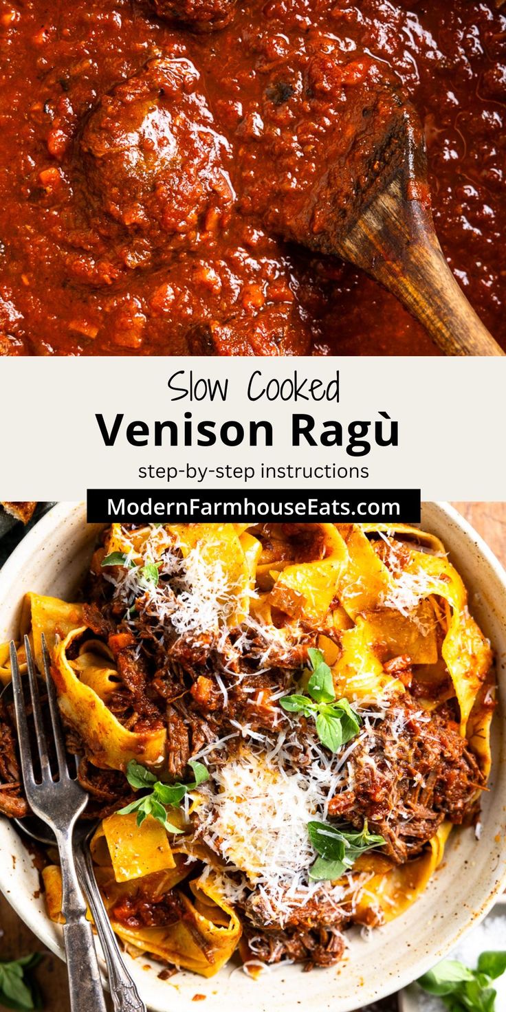 slow cooked venison ragu in a white bowl with a wooden spoon