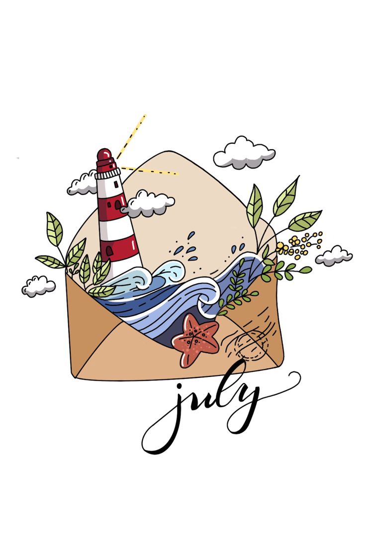 an open envelope with a lighthouse on it and the word july written in black ink