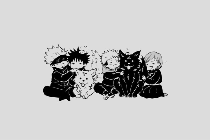 three anime characters sitting next to each other on a gray background with black and white ink