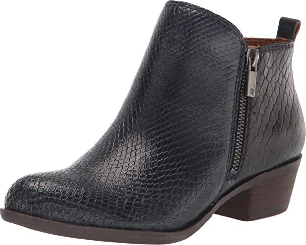 Amazon.com | Lucky Brand Women's Basel Ankle Bootie | Ankle & Bootie Chunky Block Heels, Navy Blazer, Ankle Bootie, Basel, Toe Designs, Ankle Booties, Bootie, Real Leather, Side Zip