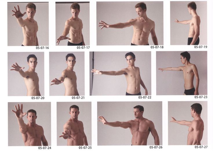 multiple pictures of a man with no shirt on posing for the camera and holding his hand out