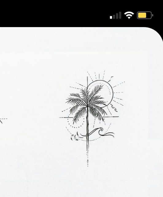 a black and white drawing of a palm tree with the sun in the sky behind it