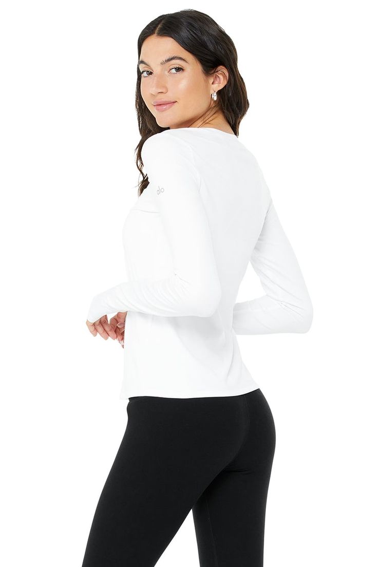 Alosoft Finesse Long Sleeve - White | Alo Yoga Womens Onesie, Lounge Looks, The Feels, Back Women, Alo Yoga, Stay Cozy, Bra Women, Hat Hairstyles, Long Sleeve Crop Top