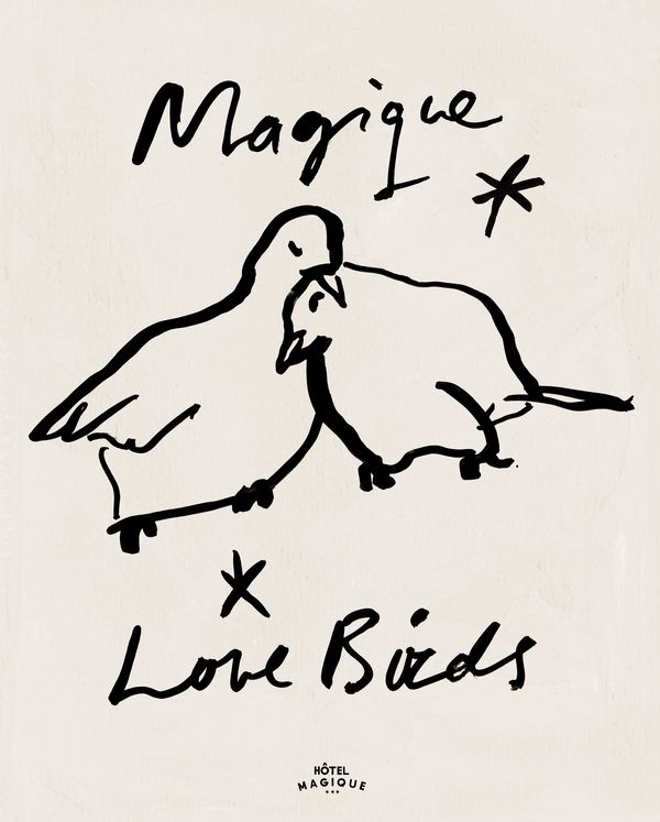 a black and white drawing of two birds with the words margie i love birds