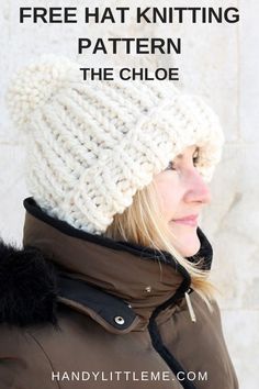 a woman wearing a knitted hat with text overlay that reads great last minute gifts free knitting patterns