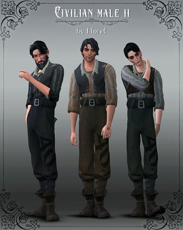 three male characters are standing in front of an ornate frame with the words, civilian male ii