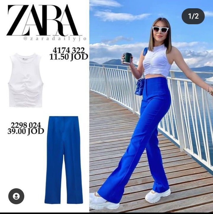 Zara blue and white outfitZara trendy outfit Zara Blue Pants Outfit, Zara Outfits 2023 Spring, Bright Blue Pants Outfit, Zara Women Outfits, Zara Outfits 2023, Blue Wide Pants, Zara Outfit Summer, Blue Trousers Outfit, Bright Blue Pants