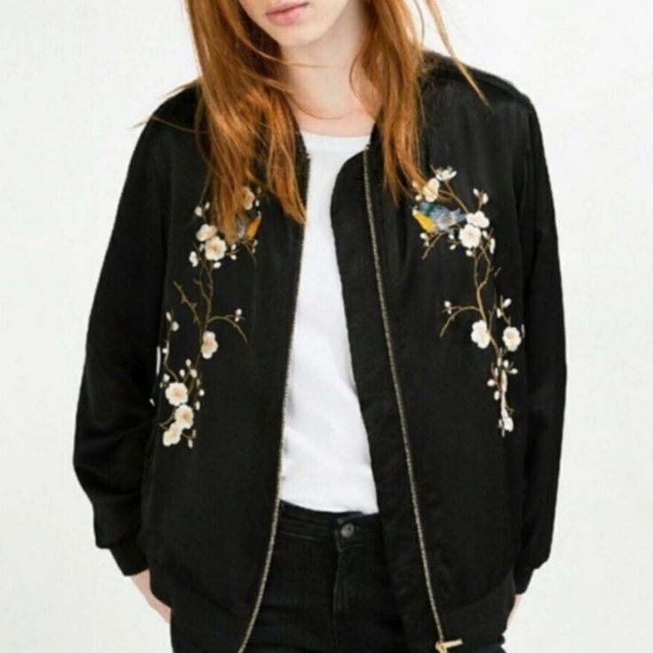 Brand New, Never Worn, Zara Floral Embroidered Bomber Jacket In Size Small, Sold Out Everywhere Black Outerwear With Embroidered Cuffs And Long Sleeves, Black Long Sleeve Outerwear With Embroidered Cuffs, Zara Casual Outerwear With Floral Embroidery, Spring Black Outerwear With Floral Embroidery, Black Long Sleeve Outerwear With Floral Embroidery, Embellished Long Sleeve Outerwear With Multicolor Embroidery, Embellished Multicolor Embroidered Long Sleeve Outerwear, Zara Winter Outerwear With Floral Embroidery, Zara Outerwear With Floral Embroidery For Winter