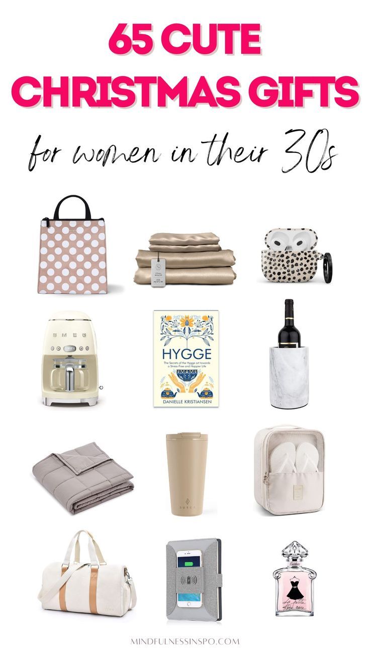 65 cute Christmas gifts for women in their 30s featuring polka dot insulated lunch bag pink and white, luxury mulberry silk sheets set, cute airpods case polka dot pink and black, smeg retro style coffee maker, Hygge book, white marble wine chiller, weighted blanket, cute pale pink insulated travel coffee mug, shoe organizer for travel, white canvas weekender bag, work padfolio with phone charger, women's perfume. Christmas Gift Idea Women, Practical Gift Ideas For Best Friend, Best Girlfriend Christmas Gifts Ideas, Best Christmas Gifts For Women 2022, Cute Cheap Christmas Gifts For Friends, Christmas Gifts For Females, Useful Christmas Gifts For Women, Best 2022 Christmas Gifts, Trendy Christmas Gifts 2022