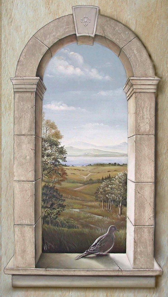 a painting of a bird sitting on a window sill with a landscape in the background