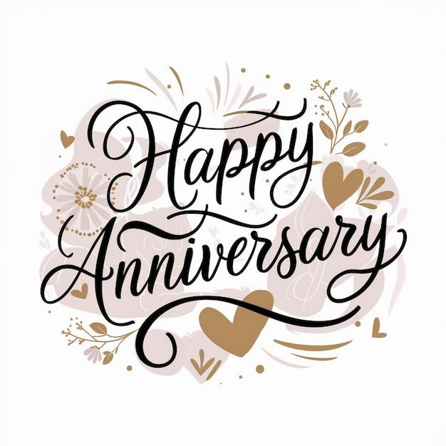 happy anniversary lettering with hearts and flowers