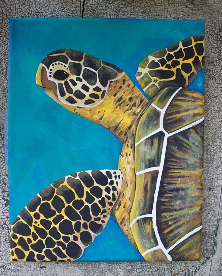 a painting of a sea turtle on a blue background