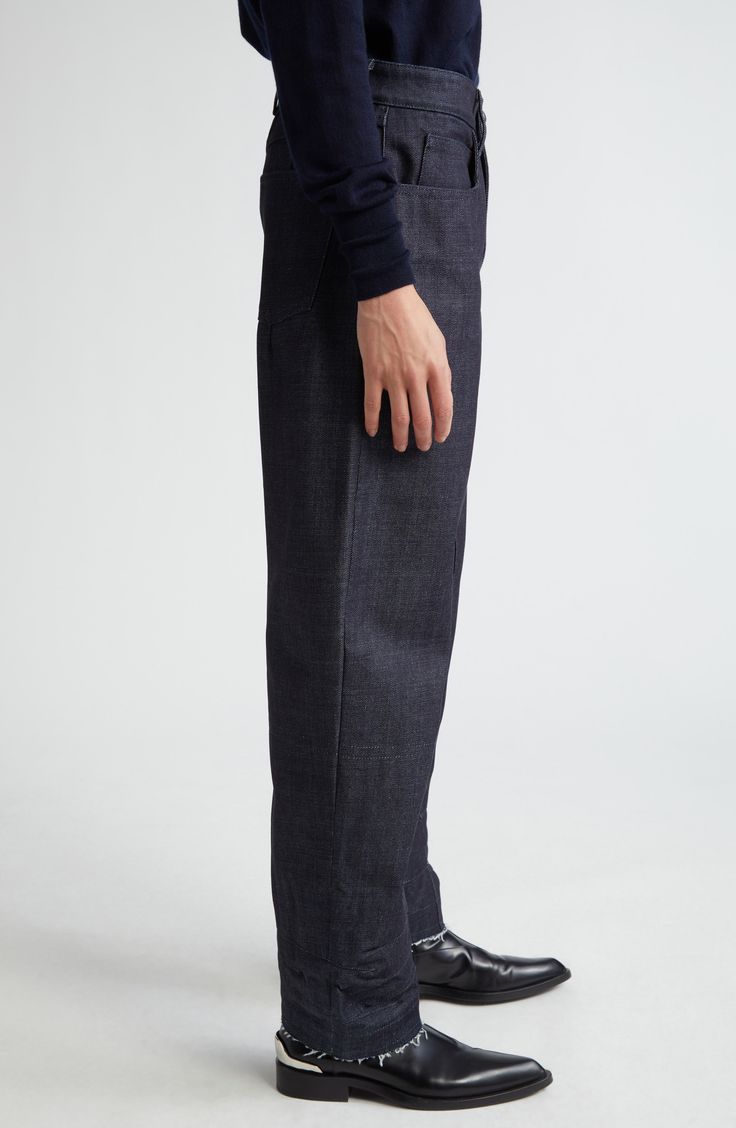 Articulated knee seams and multiple darts help shape the subtle barrel silhouette of these nonstretch-denim jeans finished with raw hems. 32" inseam; 17" leg opening; 11" front rise; 14" back rise (size 42EU) Zip fly with button closure Five-pocket style 100% cotton Dry clean Made in Italy Designer Clothing Denim Cropped Leg Pants With Seam Detailing, Classic Jeans With Contrast Stitching, Recycled Denim Pants With Relaxed Fit, Relaxed Fit Recycled Denim Pants, Classic Jeans With Contrast Stitching And Tapered Leg, Denim Blue Jeans With Contrast Stitching And Tapered Leg, Rigid Denim Jeans With Contrast Stitching, Standard Cut, Relaxed Fit Recycled Denim Bottoms With Double-needle Hem, Relaxed Fit Jeans With Contrast Stitching