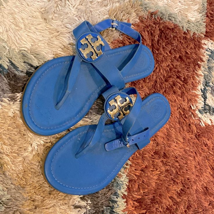 Size: 7.5 Color: Blue Brand: Tory Burch Blue Flat Sandals With Buckle Closure, Blue Round Toe Sandals With Buckle Closure, Blue Sandals With Buckle Closure And Round Toe, Blue Leather Vacation Sandals, Blue Leather Sandals For Vacation, Blue T-strap Sandals For Vacation, Blue Open Toe T-strap Sandals For Spring, Blue Ankle Strap Sandals With Cushioned Footbed, Blue T-strap Sandals For Summer