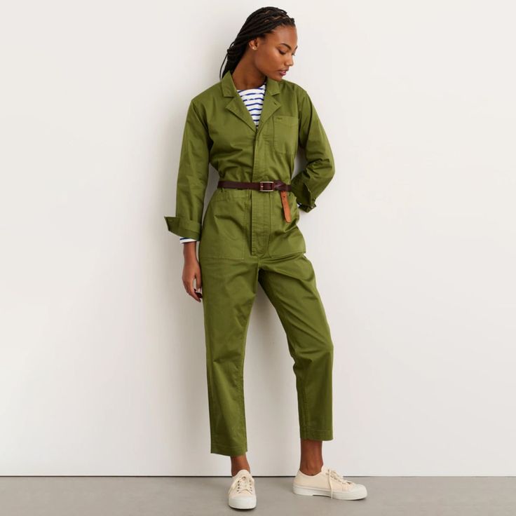 Army Green Long Sleeve Jumpsuit 98% BCI Cotton, 2% Spandex Slightly cropped leg Adjustable tabs at the waist Designed by Alex Mill Alex Mill, Long Sleeve Jumpsuit, Long Jumpsuits, Zig Zag Pattern, Work Jackets, Military Inspired, The Nature, Army Green, Cotton Twill