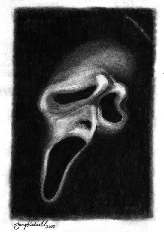 a black and white drawing of a scream mask with its mouth open in the dark