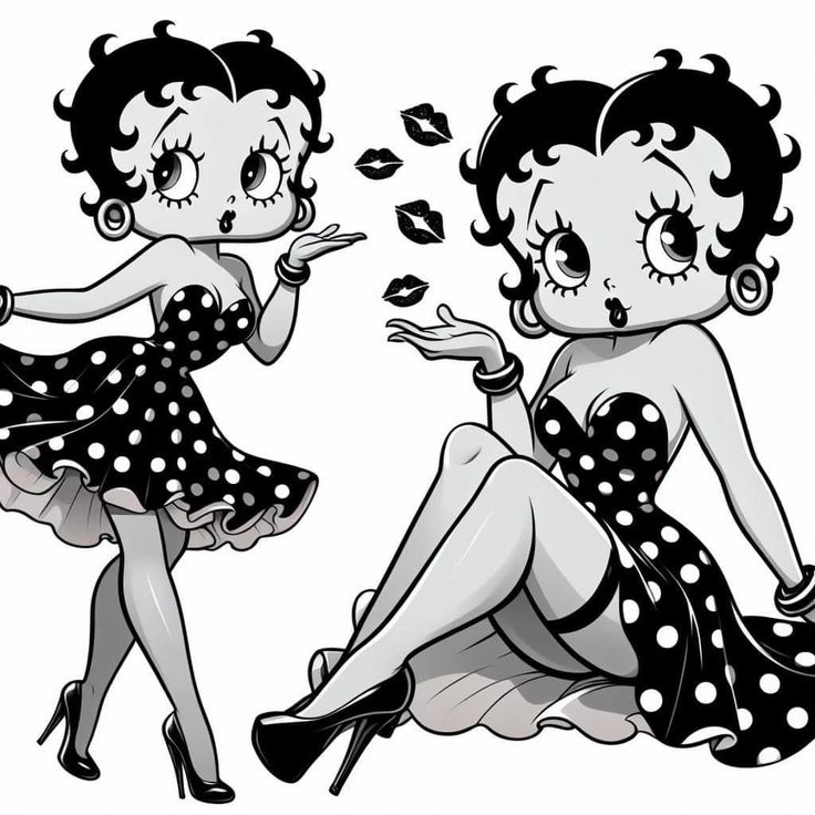 two women dressed in black and white polka dot dresses, one with her hand on her mouth