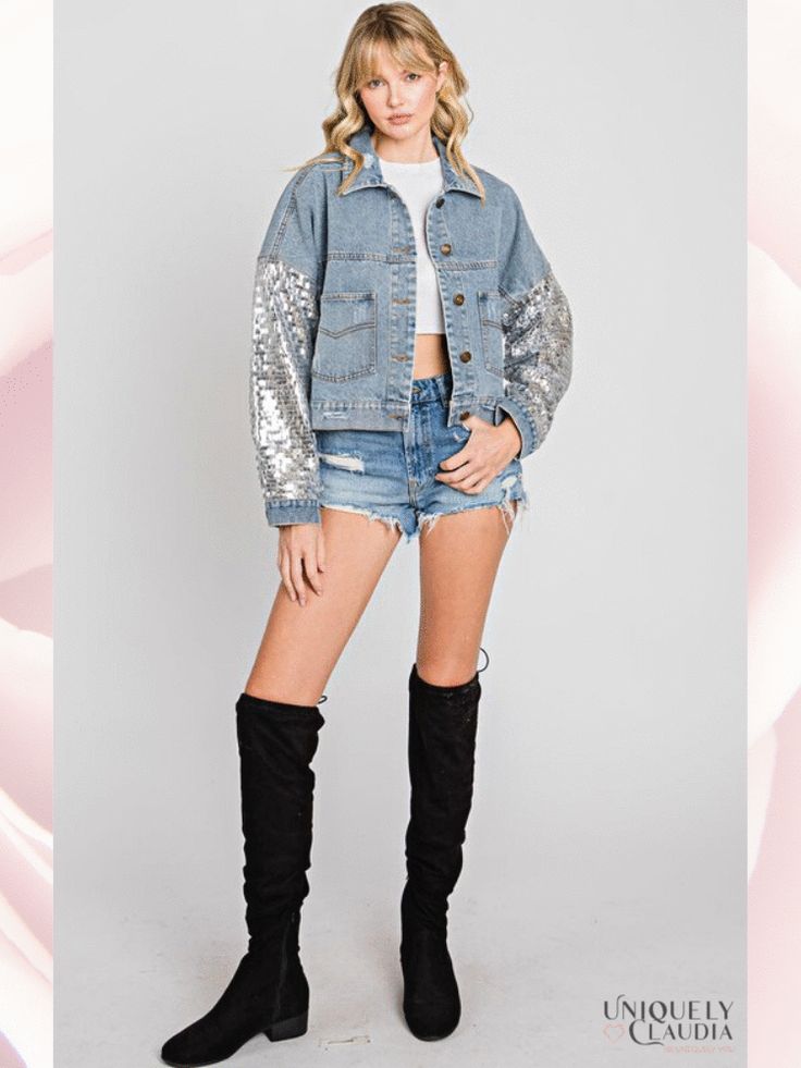 Brittney Sequins Detail Distressed Denim Jacket - UNIQUELY CLAUDIA Trendy Denim Jacket For Night Out, Trendy Spring Denim Jacket For Night Out, Casual Denim Outerwear With Sequins, Fitted Denim Outerwear For Night Out, Denim Long Sleeve Jacket For Night Out, Denim Outerwear For Night Out In Fall, Trendy Denim Outerwear For Night Out, Spring Party Denim Jacket, Spring Party Casual Denim Jacket