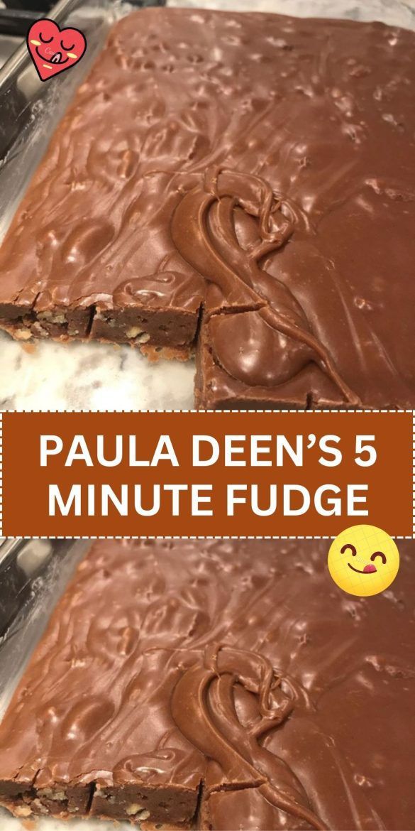 two pieces of cake with chocolate frosting and the words paula den's 5 minute fudge