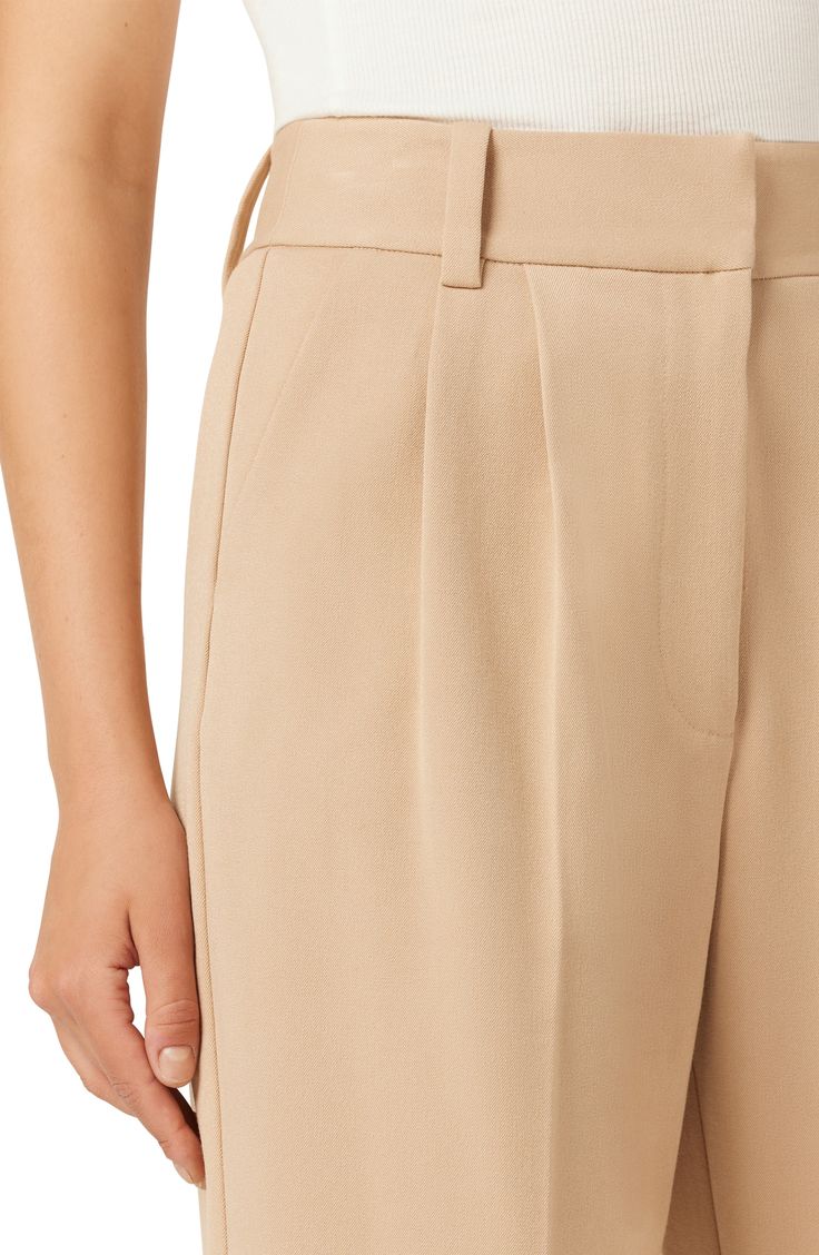 These wide-leg trousers are fashioned from smooth woven fabric and gently pleated at the waist to further the flowy fit. 30" inseam; 22" leg opening; 13 1/2" front rise; 17 1/2" back rise (size 8) 63% polyester, 32% rayon, 5% elastane Machine wash, line dry Imported Elegant Wide Leg Viscose Bottoms, Chic Wide Leg Pants With Pleated Waist, Elegant Ankle-length Viscose Wide Leg Pants, Chic Wide-leg Pants With Pleated Waist, Chic Summer Wide Leg Pants With Pleated Waist, Beige Wide Leg Bottoms With Pleated Waist, Chic Pleated Straight Culottes, Chic Straight Pleated Culottes, Elegant Relaxed Fit Viscose Bottoms