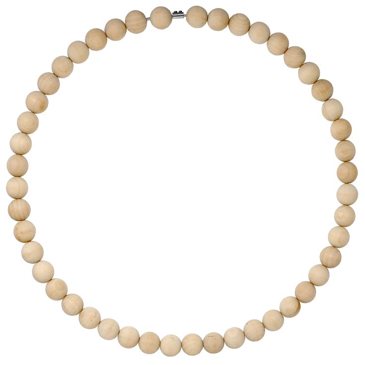 a wooden beaded necklace on a white background