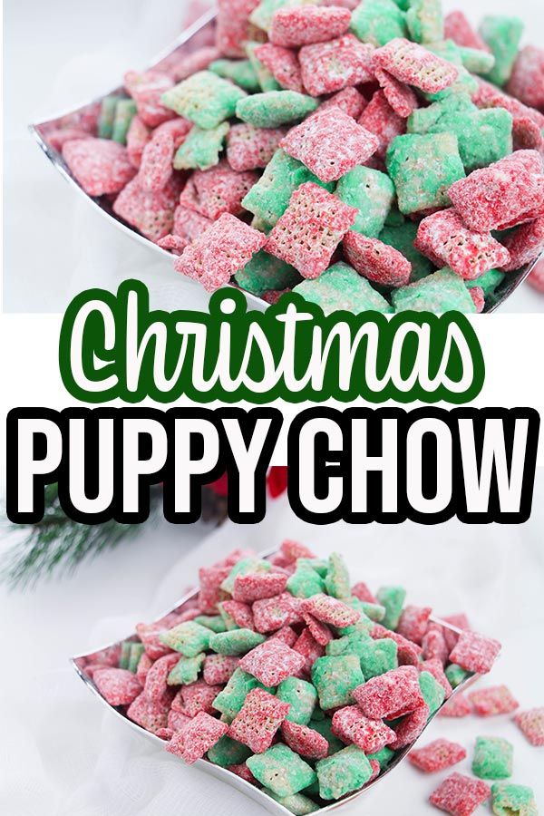 christmas puppy chow recipe in a bowl with the title above it