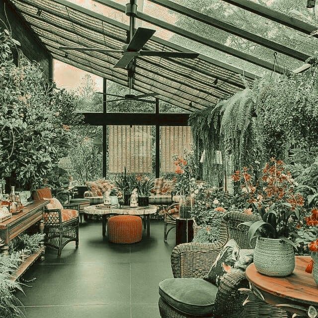 a room filled with lots of plants and furniture