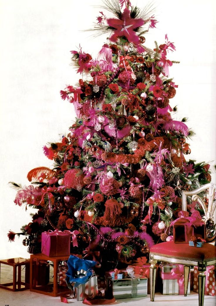 a decorated christmas tree with pink and red decorations