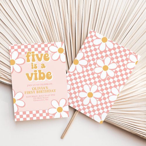 a pink and yellow birthday card with daisies on it next to a fan that says five is a vibe