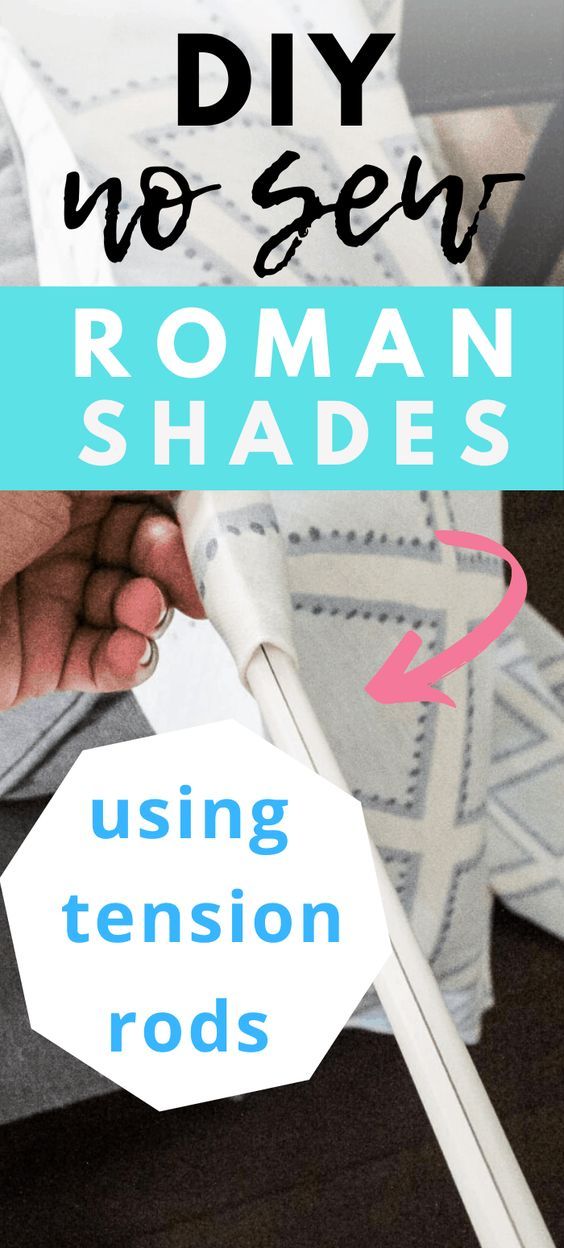 a woman is using tension rods to sew the fabric on her sewing machine with text overlay that reads, how to sew no sew roman shades using tension rods