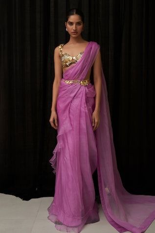 Lilac pre-draped saree with ruffled detailing. Comes with a sequins embroidered blouse and a belt. - Aza Fashions Lilac Saree, Pre Draped Saree, Mahima Mahajan, Reception Outfits, Draped Saree, Ruffle Saree, Drape Saree, Trendy Blouses, Trendy Blouse Designs