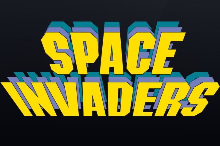 the title for space invaders is shown in yellow and blue letters on a black background