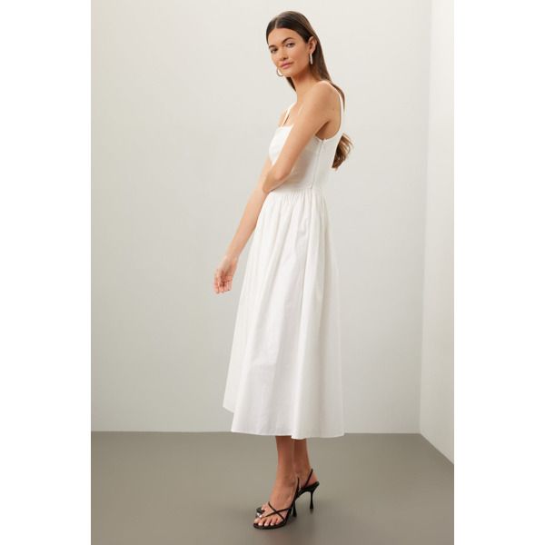 Off-white (67% Rayon, 26% Nylon, 7% Spandex). Casual dress. Sleeveless. Square neck. Side zipper closure. 48" from shoulder to hemline. Imported. White A-line Midi Dress With Fitted Bodice, Fitted Sleeveless Midi Dress For Daywear, White Sleeveless Dress With Straight Neckline For Summer, White Fitted Knee-length Sundress, White Midi Dress With Spaghetti Straps And Fitted Bodice, White Sleeveless A-line Dress Fit And Flare, White Sleeveless A-line Dress With Fit And Flare, White A-line Sleeveless Fit And Flare Dress, Sleeveless Fit And Flare Midi Dress For Day Out