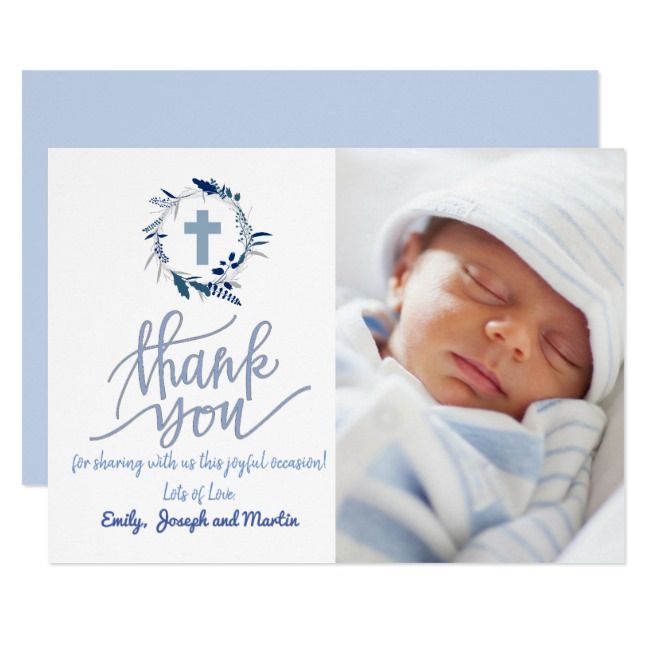 a baby's birth card with the words thank you and a cross on it