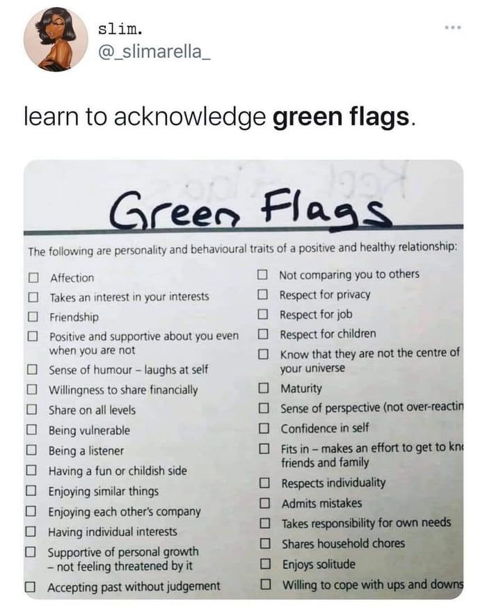 a green flag checklist with the words learn to acknowledge green flags