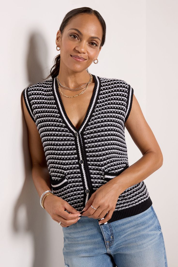 A chic addition to your wardrobe, the Willa sweater vest by EVEREVE features a sleeveless, slightly cropped silhouette with front pockets and button closures. Style for the season with jeans or trousers. | EVEREVE Women's Willa Lady Like Vest, Size XL, Black Black Knit Vest For Work, Black Knit Vest For Workwear, Black Sleeveless Cardigan For Spring, Chic Black Knit Vest, Sleeveless Black Cardigan For Layering, Sleeveless Black Cardigan For Fall, Black Sleeveless Cardigan, Lady Like, Fashion 101