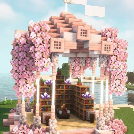 Cherry Wood Stables Minecraft, Modded Mc House, Cute Gazebo Minecraft, Minecraft Building Ideas Exterior, Cherry Wood Farm Minecraft, Cherry Blossom Fishing Dock Minecraft, Lantern Post Minecraft, Cherry Blossom Cottage Core Minecraft, Cherry Wood Nether Portal