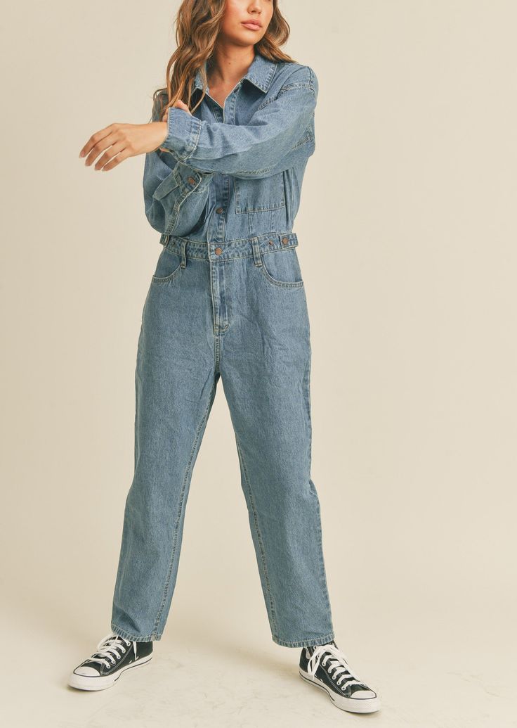 Washed Denim Utility Jumpsuit Denim Utility Jumpsuit, Long Sleeve Denim Jumpsuit, Denim Coverall, Utility Jumpsuit, Suit Jumpsuit, Sock Boots, Washed Denim, Denim Design, Denim Overalls