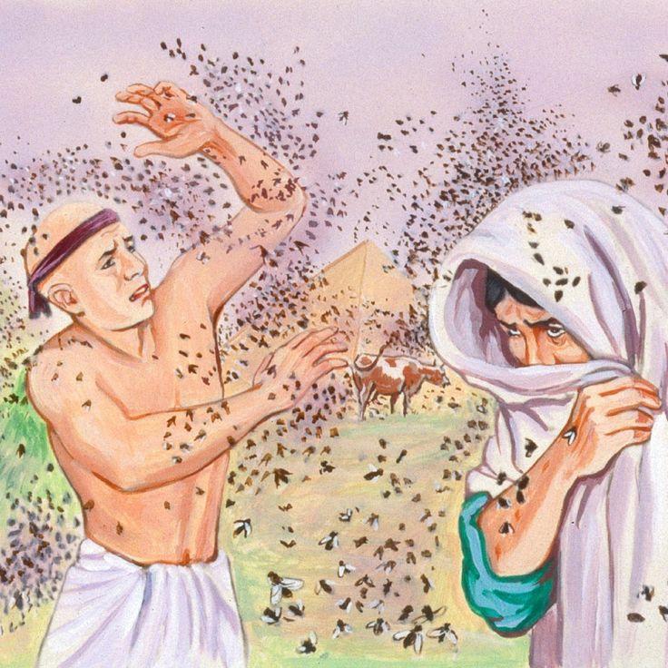 a painting of two men in front of a swarm of bees, one holding his arm out to the other