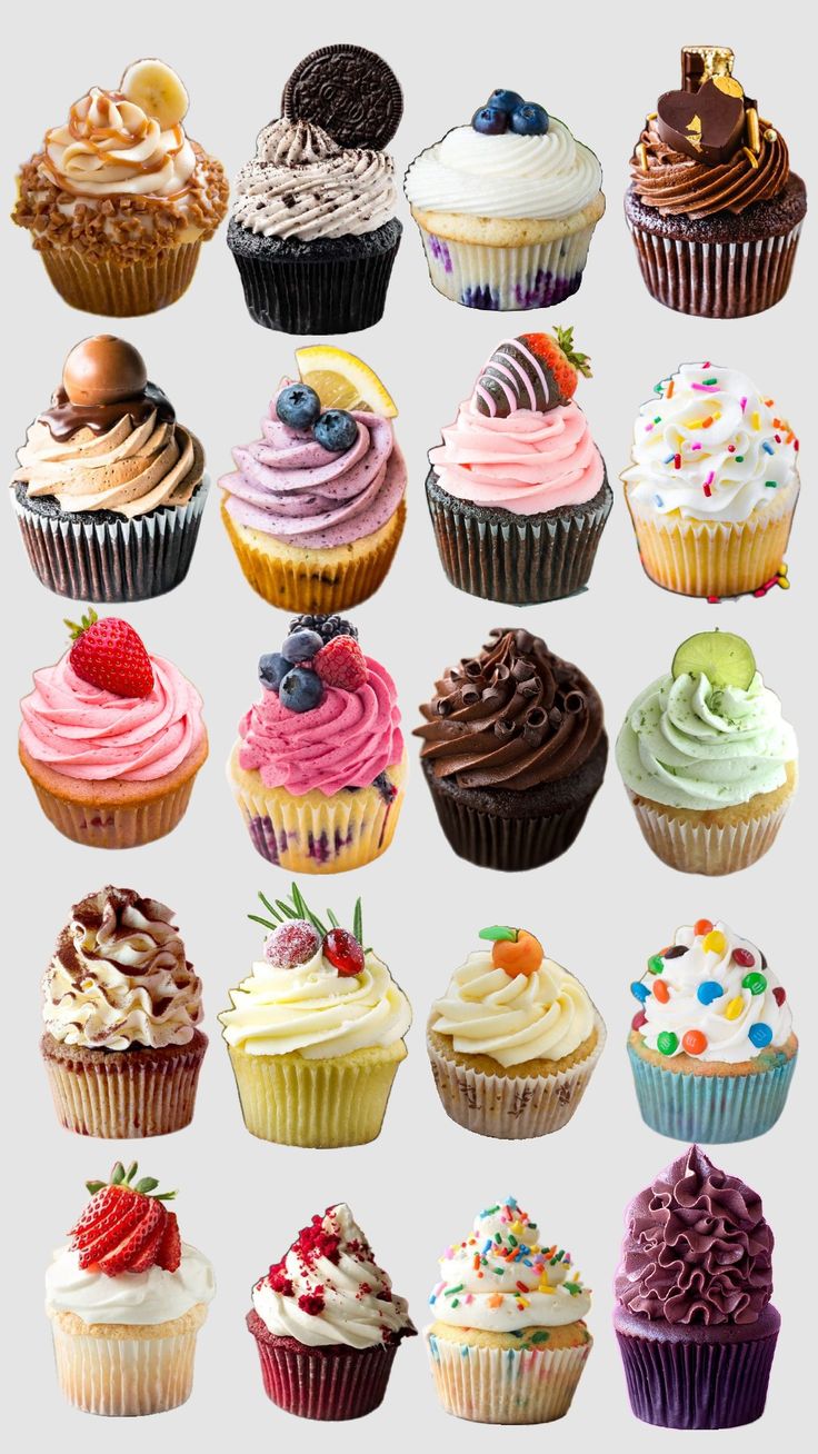 a bunch of cupcakes with different toppings and colors on them are shown