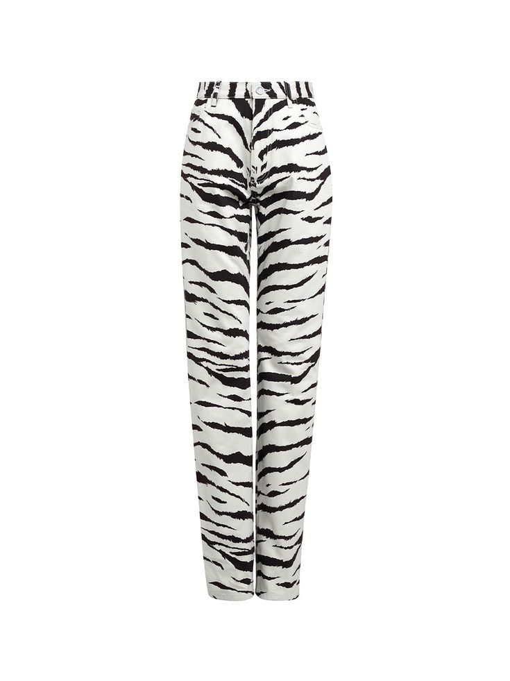 Alaïa's Tiger Print Jeans feature an all-over, black and white animal print on a high-waisted, straight cut denim pant. They are completed with a zip and button fastening. Pair with the matching trench coat to complete the look.[tab] Composition: 100% Cotton Denim Size and Fit: Runs True to Size Care Instructions: Dry Clean Only Origin: Made in Italy SKU: AZZ49P04 Questions about size, fit, or how to style? The KZ team is here to help you look and feel your best! Chat with our stylists via the i Azzedine Alaia, Print Jeans, White Zebra, Black Animals, Printed Jeans, Printed Denim, Tiger Print, White Pants, Printed Pants